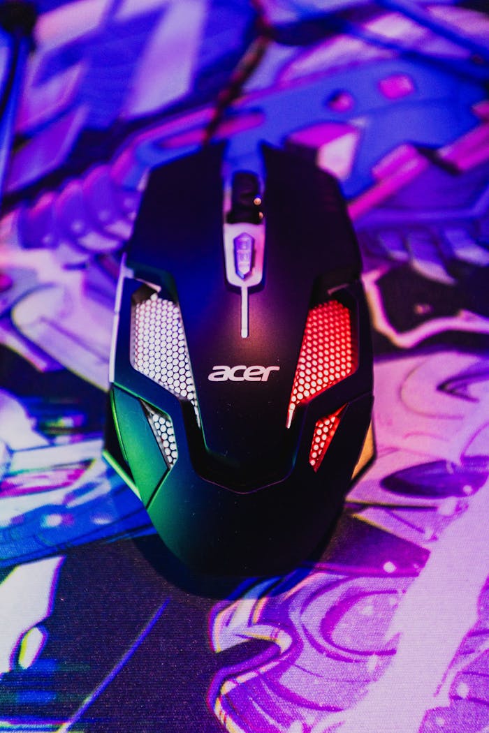 Close-up of a gaming mouse illuminated by RGB lighting on a colorful abstract pad, perfect for tech enthusiasts.
